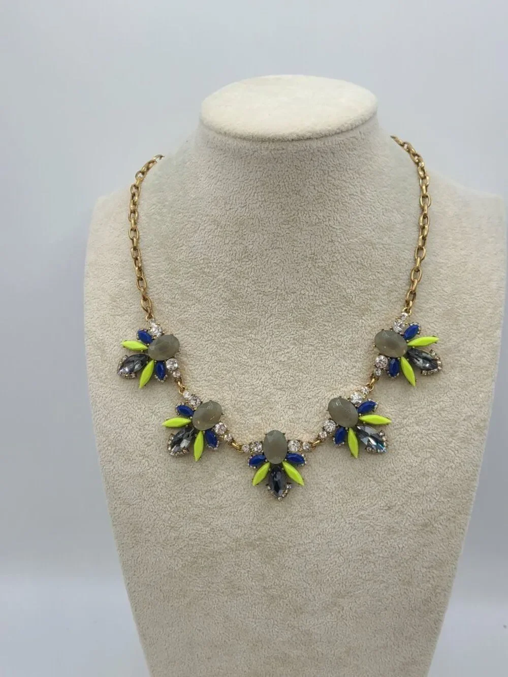 J Crew Green Gray Blue Crystal Gold Tone Necklace